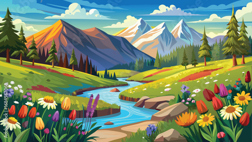 A tranquil summer mountain landscape with a clear blue lake reflecting the green hills and sky
