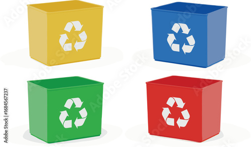 Colorful Recycling Bins with White Symbols in Cartoon Style for Waste Segregation, Eco Awareness, Sustainability, and Environmental Education