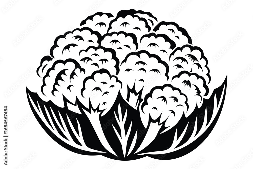 Obraz premium Isolated Black Cauliflower Head with Leaves, Outline Style on White Background