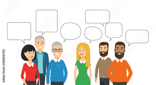 Diverse individuals engaging in conversations with speech bubbles above their heads depicting