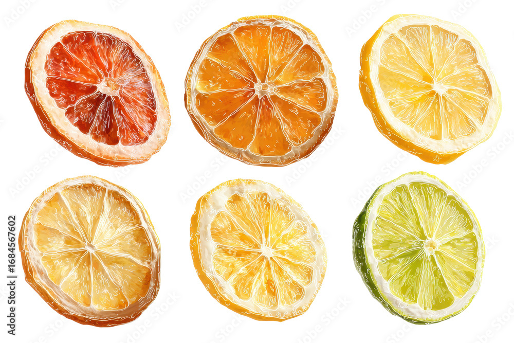 Obraz premium Dried and fresh citrus fruit wheel slices PNG set, cutout isolated on transparent background. Grapefruit, orange, lemon, lime cocktail garnish decoration graphic resource