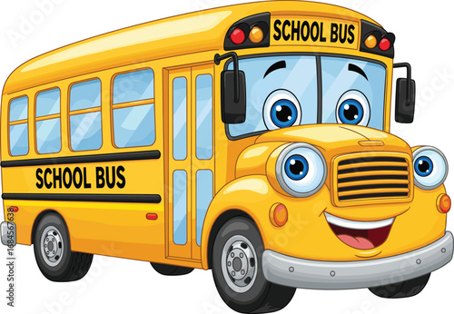 Cartoon school bus with smiling face and expressive features, friendly vector illustration for kids’ education, transport, and character design