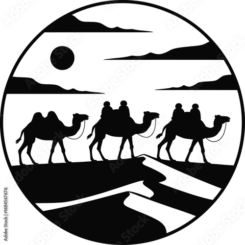Desert camel caravan journey under the night sky silhouette