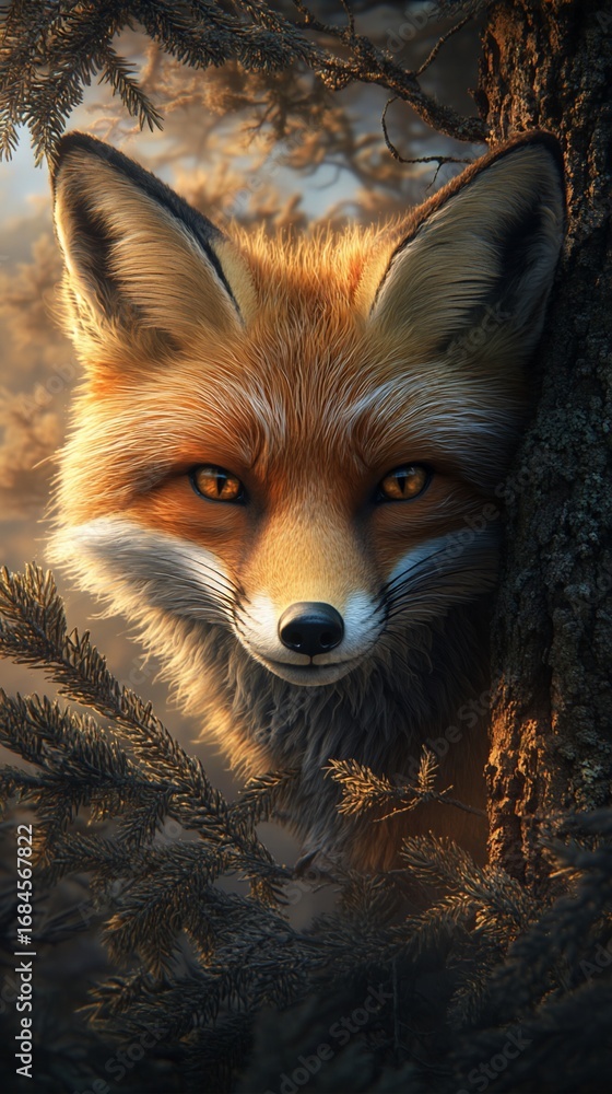 Fototapeta premium Red fox peeks from behind a tree, captivating gaze. Sunlight illuminates its fur