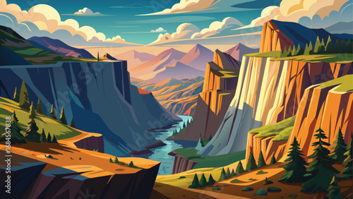 Mountain landscape vector illustration with a stunning sunset over a serene river, surrounded by hills and autumn trees