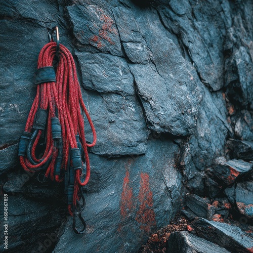 Red and black climbing rope hanging on dark gray rock face. Close up shot.