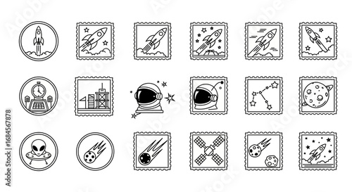 Space exploration icons set in line style featuring rockets, planets, astronauts, and other cosmic