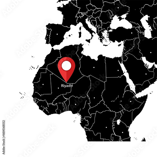 Geographic positioning within Africa and Europe featuring Riyadh pinpointing location