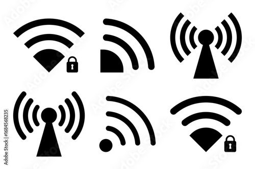 Wi fi icons silhouette set Secured, unsecured, antenna, beacon password protected design white background