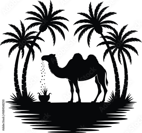 Camel oasis palm trees desert landscape silhouette