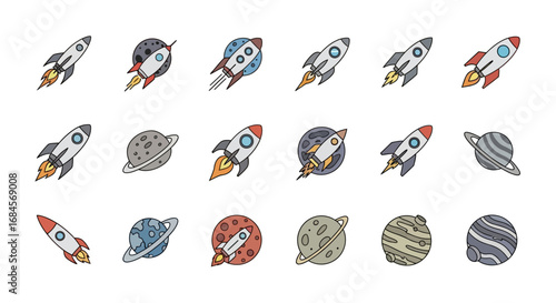 Collection of stylized rocket ships and planets for space exploration concepts vector art