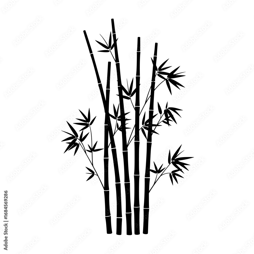 Obraz premium Elegant silhouette of a lush bamboo plant showcasing its tall stalks and leafy fronds isolated on white background