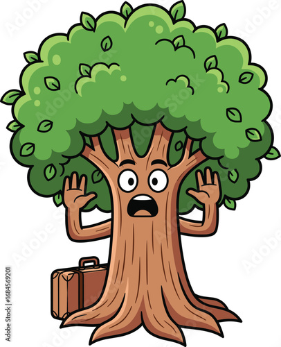 Cartoon tree with surprised face and raised arms next to suitcase, anthropomorphic forest character for children’s vector illustration