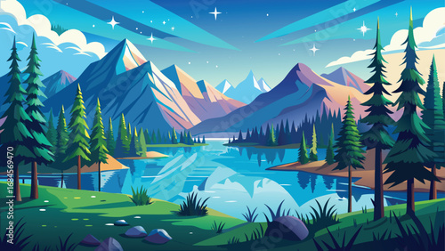 Vector nature illustration of a summer mountain landscape with a green pine forest and a serene lake under a cloudy sky