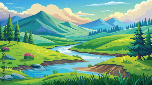 A scenic summer landscape panorama with green mountains, clouds, and a blue sky over a tranquil lake