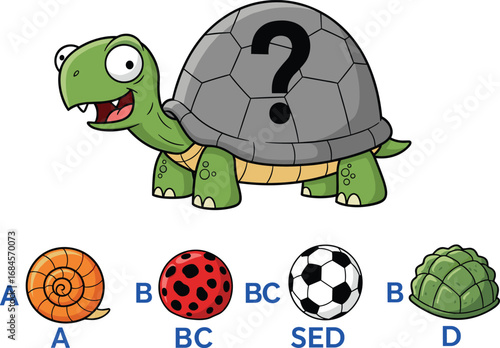 Cartoon turtle puzzle with shell options, educational vector quiz for kids—fun matching game concept with colorful character and choices