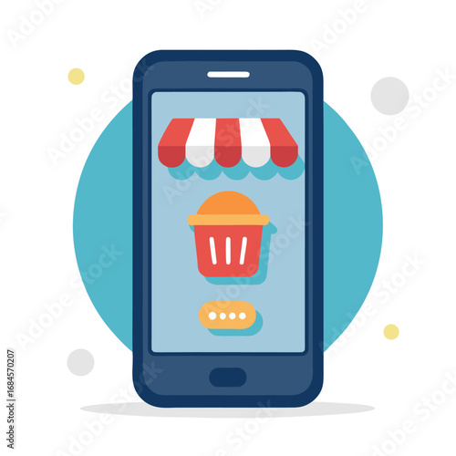 Online Shopping App on Mobile Phone with Awning and Shopping Basket Icon on white background