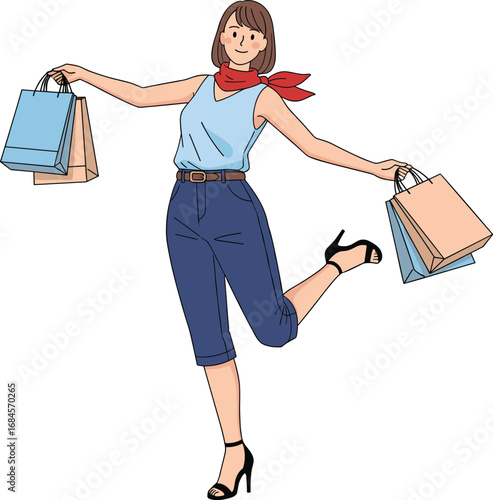 Happy Woman Holding Shopping Bags in Cartoon Style for Retail, Fashion, Consumerism, Sale, and Lifestyle Illustration Concepts