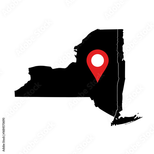 Stylized representation of New York state with red pinpoint marker designating area within