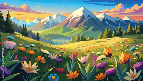 Mountain spring landscape with a panoramic view of green fields, forest, and snow-capped peaks under a cloudy sky