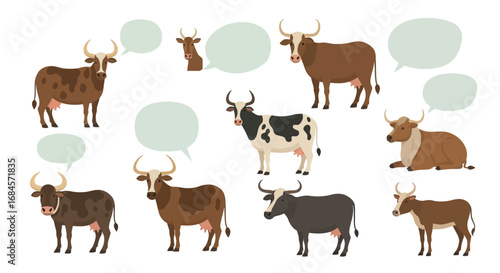 A collection of illustrative bovine characters with speech bubbles offering conversational