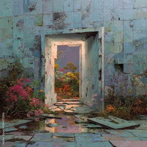 A doorway to a vibrant garden behind a crumbling teal wall