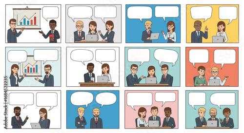 Business team communication in comic strip style displaying diverse professionals discussing