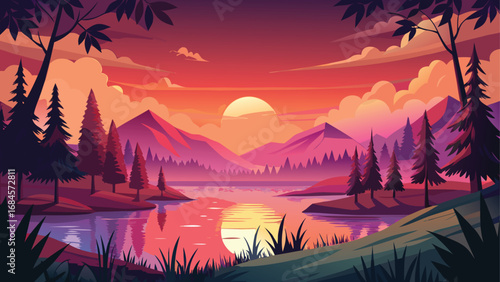 Golden sunbeams paint the tranquil river and majestic mountains, a beautiful landscape view at dawn