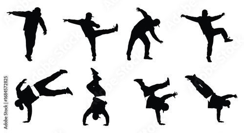dynamic silhouettes of dancers performing various acrobatic moves
