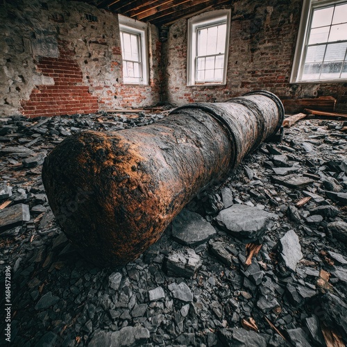 Rusted cannon rests on debris in a dilapidated brick room