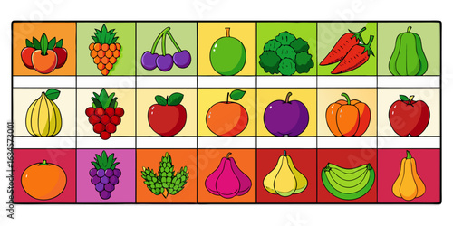 A colorful, neatly organized grid of fruits and vegetables arranged by color gradient from red to purple. Each row displays a variety of fresh produce like tomatoes, carrots, bananas, apples, grapes, 
