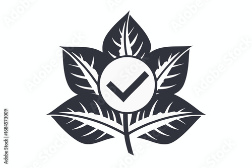 Leaf with Check Mark Icon on White Background for Nature Approval Symbol