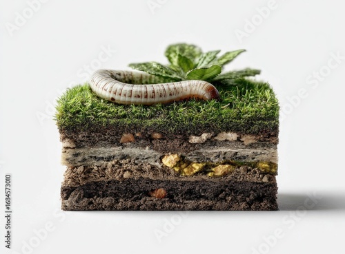 Cubic soil sample, worm, and leaves