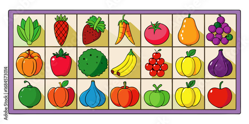 A colorful, neatly organized grid of fruits and vegetables arranged by color gradient from red to purple. Each row displays a variety of fresh produce like tomatoes, carrots, bananas, apples, grapes, 