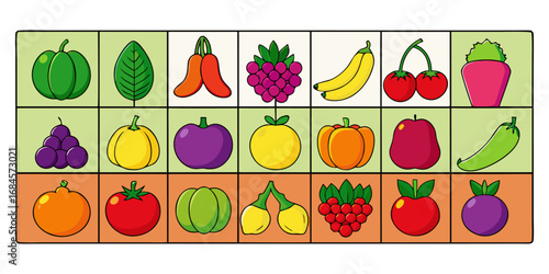 A colorful, neatly organized grid of fruits and vegetables arranged by color gradient from red to purple. Each row displays a variety of fresh produce like tomatoes, carrots, bananas, apples, grapes, 
