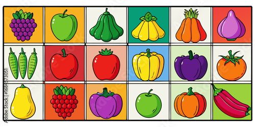 A colorful, neatly organized grid of fruits and vegetables arranged by color gradient from red to purple. Each row displays a variety of fresh produce like tomatoes, carrots, bananas, apples, grapes, 