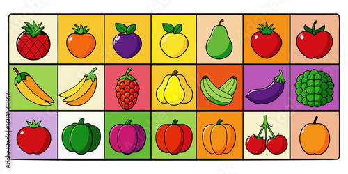 A colorful, neatly organized grid of fruits and vegetables arranged by color gradient from red to purple. Each row displays a variety of fresh produce like tomatoes, carrots, bananas, apples, grapes, 