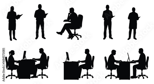 office workers engaged in various activities around desks computers