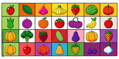 A colorful, neatly organized grid of fruits and vegetables arranged by color gradient from red to purple. Each row displays a variety of fresh produce like tomatoes, carrots, bananas, apples, grapes, 