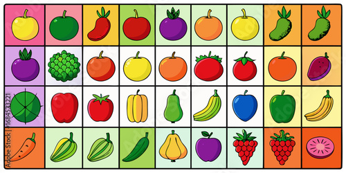 A colorful, neatly organized grid of fruits and vegetables arranged by color gradient from red to purple. Each row displays a variety of fresh produce like tomatoes, carrots, bananas, apples, grapes, 