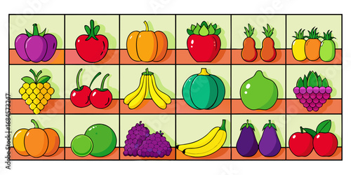 A colorful, neatly organized grid of fruits and vegetables arranged by color gradient from red to purple. Each row displays a variety of fresh produce like tomatoes, carrots, bananas, apples, grapes, 
