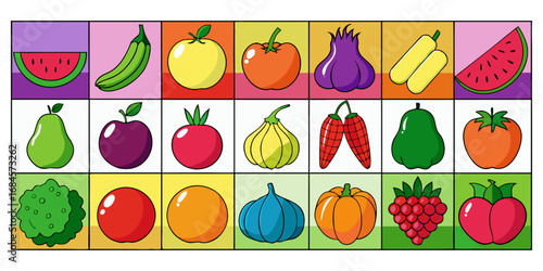 A colorful, neatly organized grid of fruits and vegetables arranged by color gradient from red to purple. Each row displays a variety of fresh produce like tomatoes, carrots, bananas, apples, grapes, 