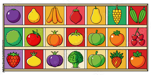 A colorful, neatly organized grid of fruits and vegetables arranged by color gradient from red to purple. Each row displays a variety of fresh produce like tomatoes, carrots, bananas, apples, grapes, 
