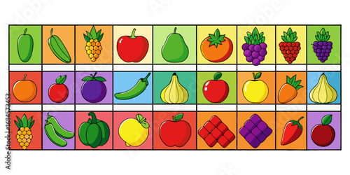 A colorful, neatly organized grid of fruits and vegetables arranged by color gradient from red to purple. Each row displays a variety of fresh produce like tomatoes, carrots, bananas, apples, grapes, 