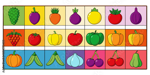 A colorful, neatly organized grid of fruits and vegetables arranged by color gradient from red to purple. Each row displays a variety of fresh produce like tomatoes, carrots, bananas, apples, grapes, 