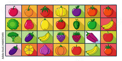 A colorful, neatly organized grid of fruits and vegetables arranged by color gradient from red to purple. Each row displays a variety of fresh produce like tomatoes, carrots, bananas, apples, grapes, 