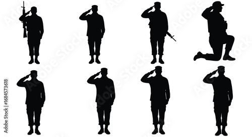 soldiers in various poses saluting holding weapons standing kneeling