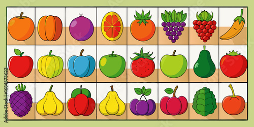 A colorful, neatly organized grid of fruits and vegetables arranged by color gradient from red to purple. Each row displays a variety of fresh produce like tomatoes, carrots, bananas, apples, grapes, 