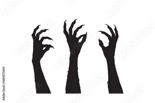 Three spooky black silhouette monster hands with sharp claws reaching up isolated on white background