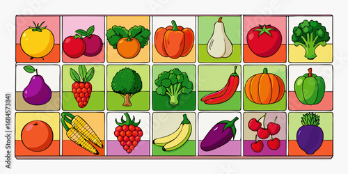 A colorful, neatly organized grid of fruits and vegetables arranged by color gradient from red to purple. Each row displays a variety of fresh produce like tomatoes, carrots, bananas, apples, grapes, 